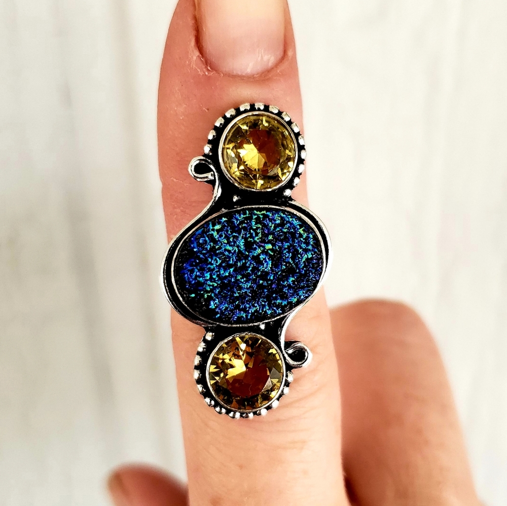 New Titanium Druzy and Citrine Silver Ring.